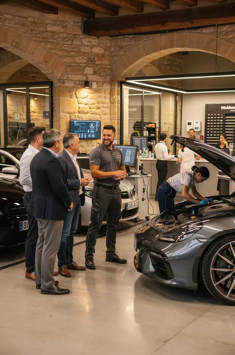 Especialista en vehículos de lujo utilizando equipo de diagnóstico avanzado para evaluar un automóvil europeo premium.