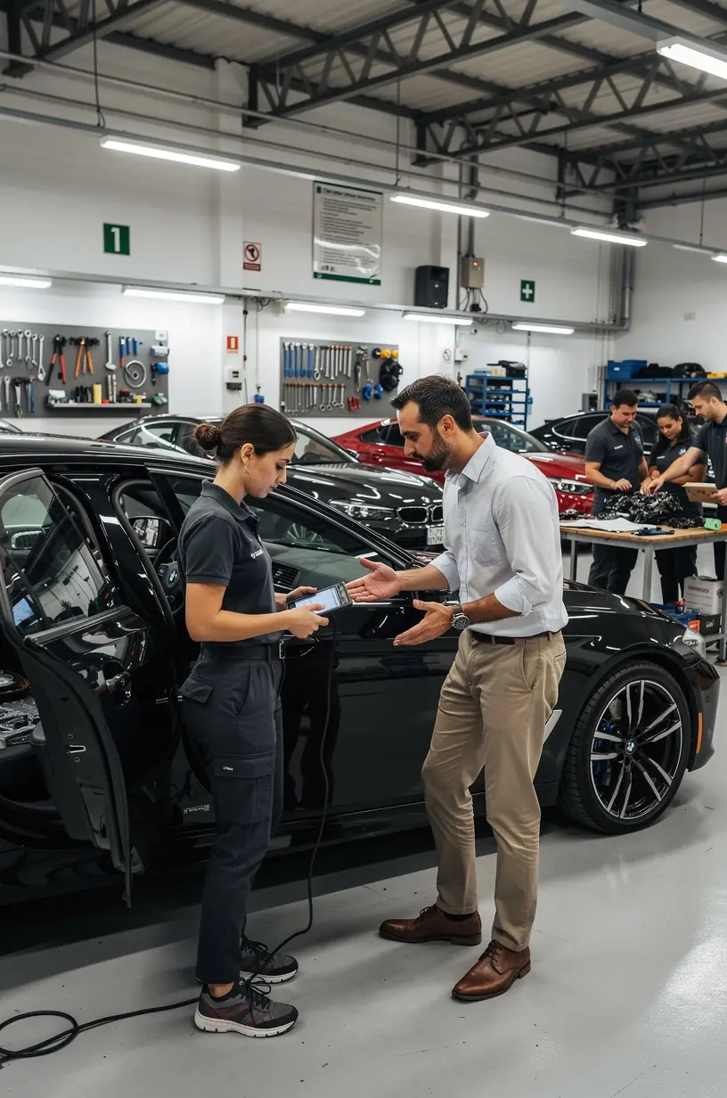 Técnico certificado explicando a un cliente los beneficios del servicio especializado para su coche europeo de alta gama.